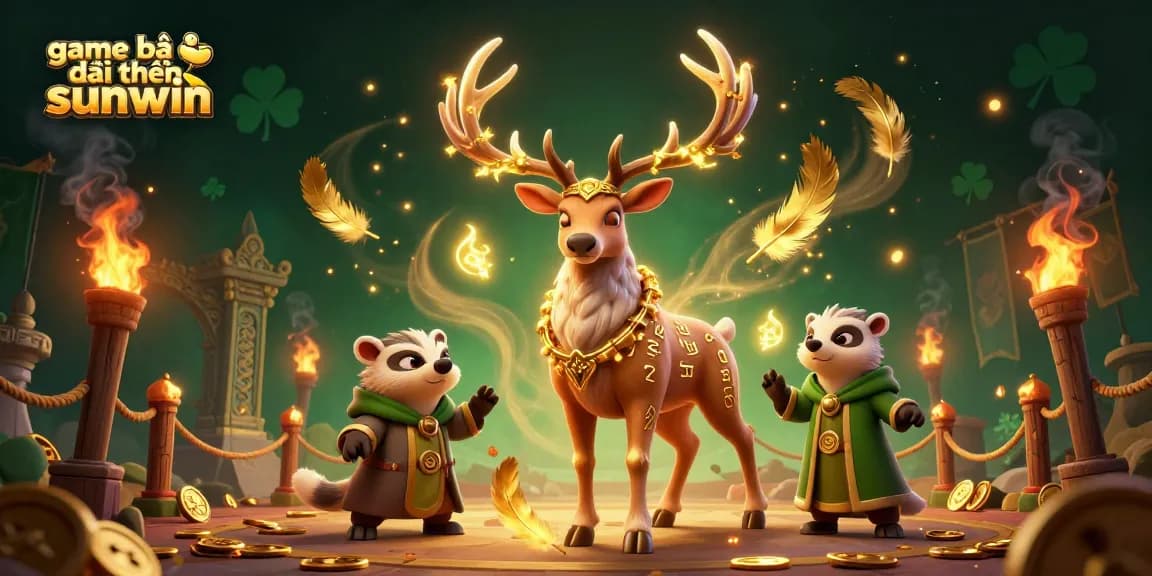Play game bài đổi thưởng sunwin with 3D animated Celtic stag and wise badger in a dynamic, vivid casino scene.