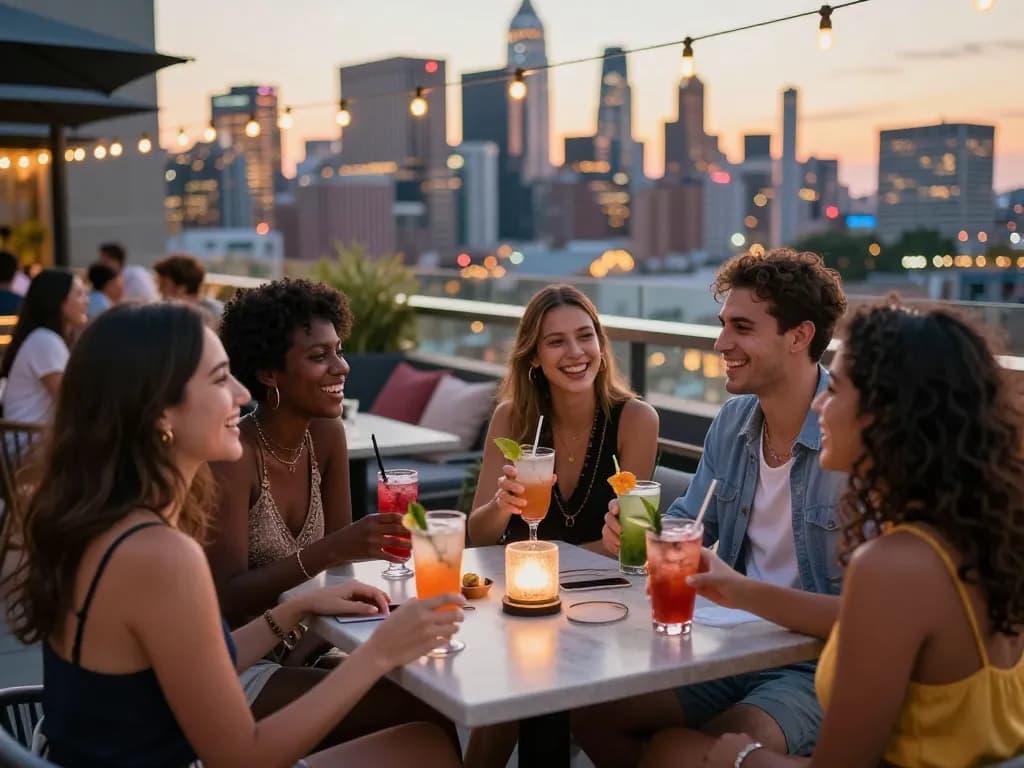 Friends enjoying vibrant city nightlife with cocktails at five88 rooftop bar.