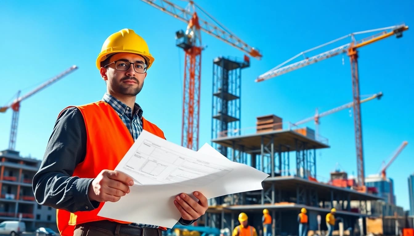Manhattan Construction Manager directing an active construction site with vibrant energy and details.