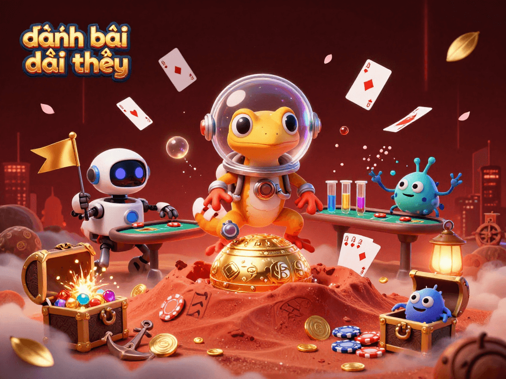 Experience thrilling đánh bài đổi thưởng in a vibrant, cartoon Martian casino adventure scene with lively characters.