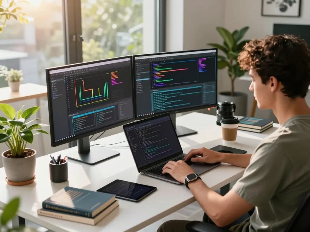 Dynamic tech workspace illustrating software development with Techsslaash com theme, developer coding on dual monitors.