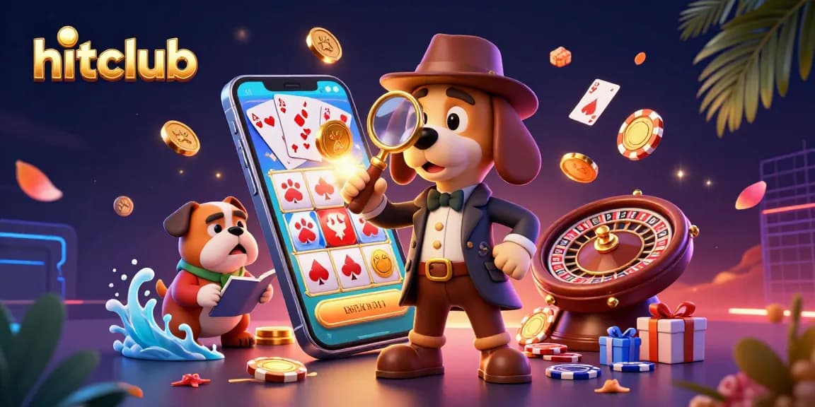 Spin to win at hitclub with 3D detective hunting for golden poker chips among vibrant casino elements.