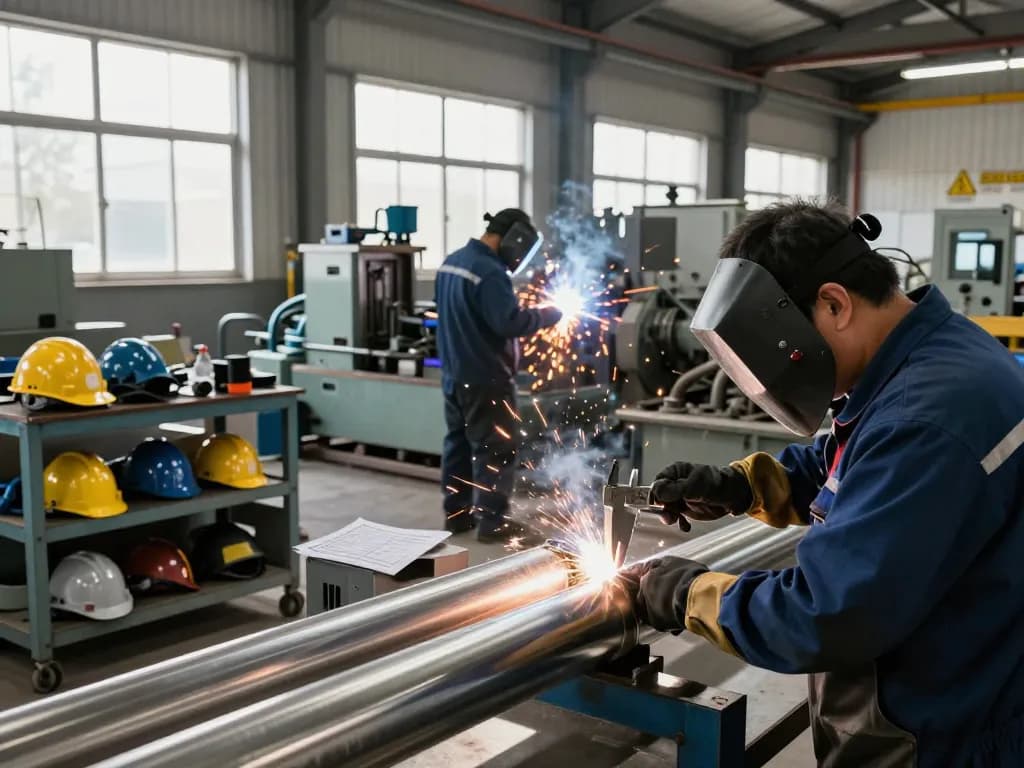 Workers inspecting high-quality sumwin stainless steel pipes in a bright industrial workshop.