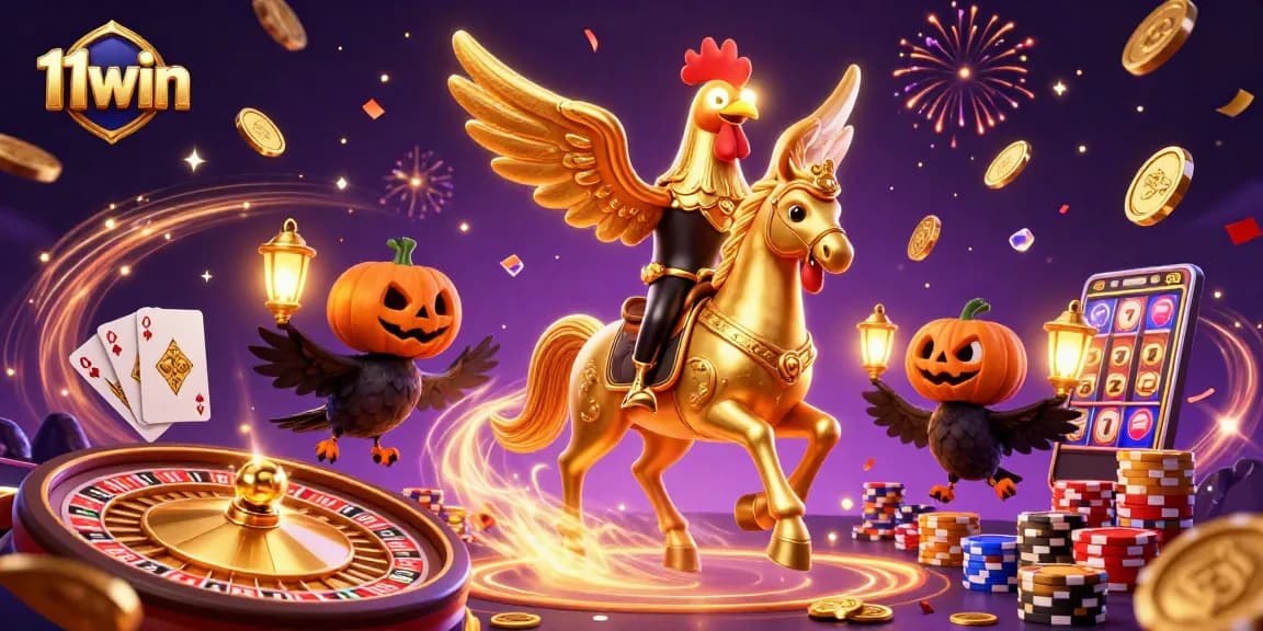 Win big at 11win with vibrant casino action featuring a golden rooster and festive aura.