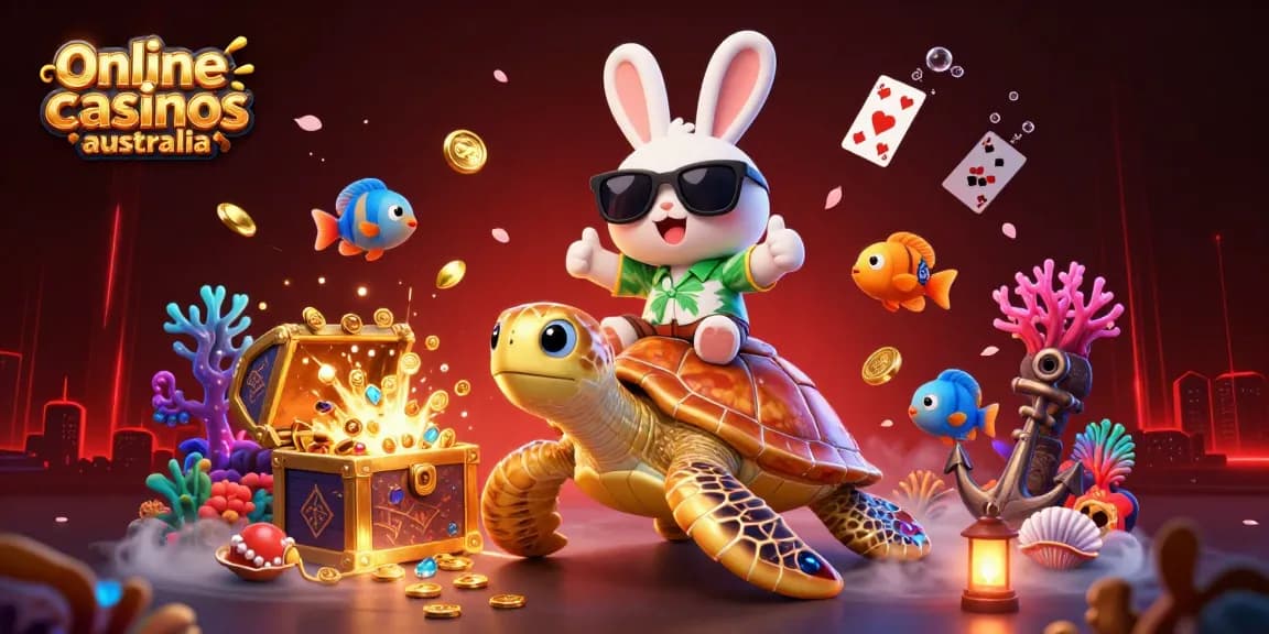 Experience thrilling online casinos Australia with our vibrant illustration featuring a lucky rabbit and sea turtle.