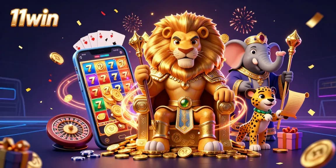 Experience thrilling slots with 11win's vibrant casino scene featuring a royal lion and festive elements.