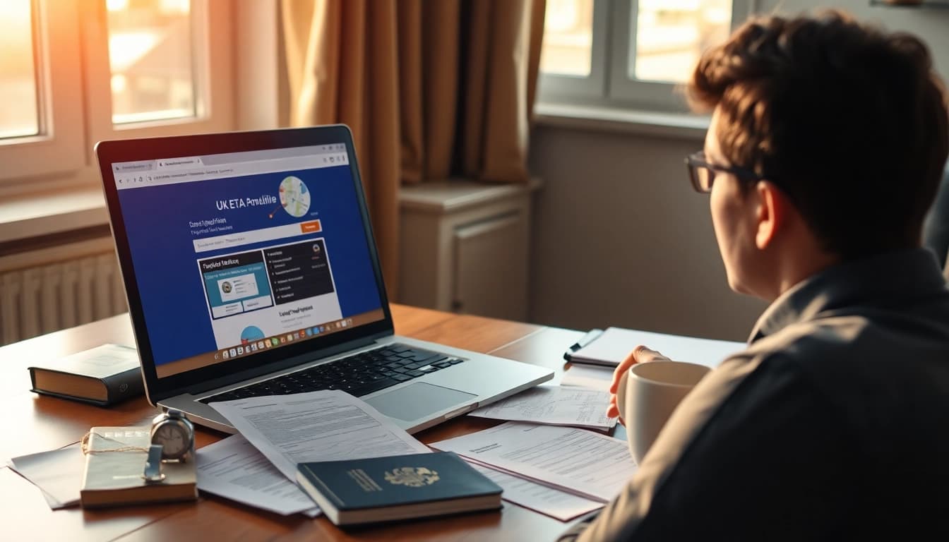 Complete the uk eta online application on a laptop while reviewing travel documents.