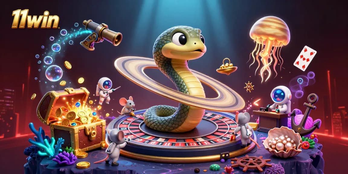 11win highlights thrilling cosmic roulette as cheerful astronaut mice place bets in a vibrant 3D casino.