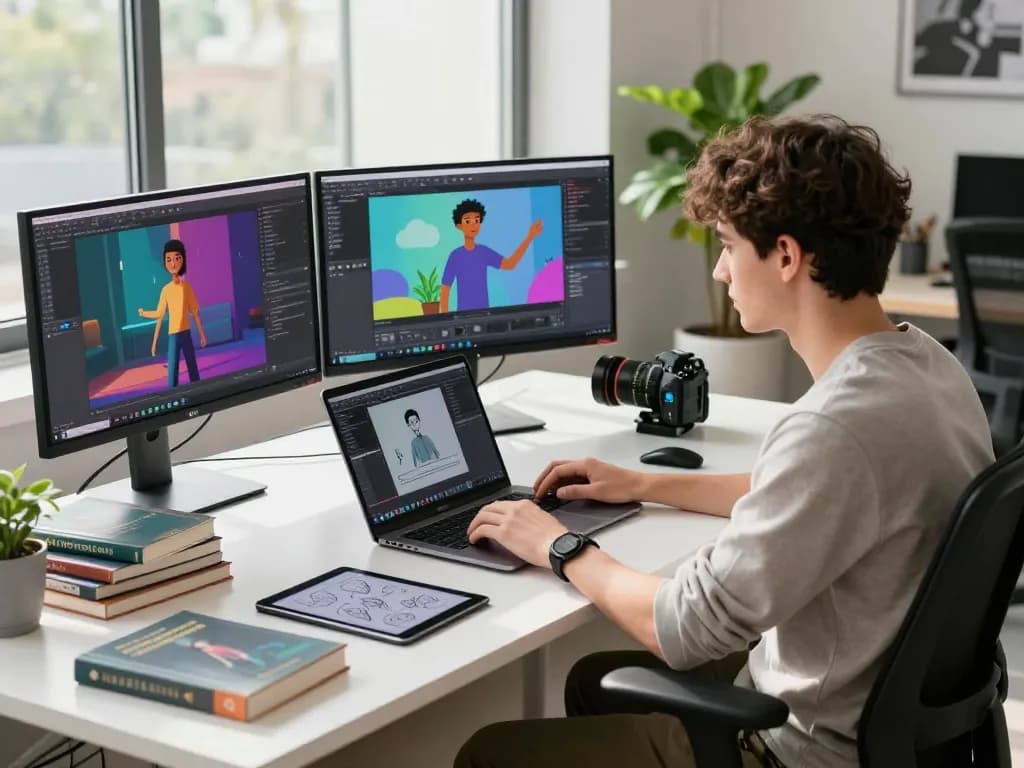 Dynamic tech workspace showcasing mind control AI integration in animation development.