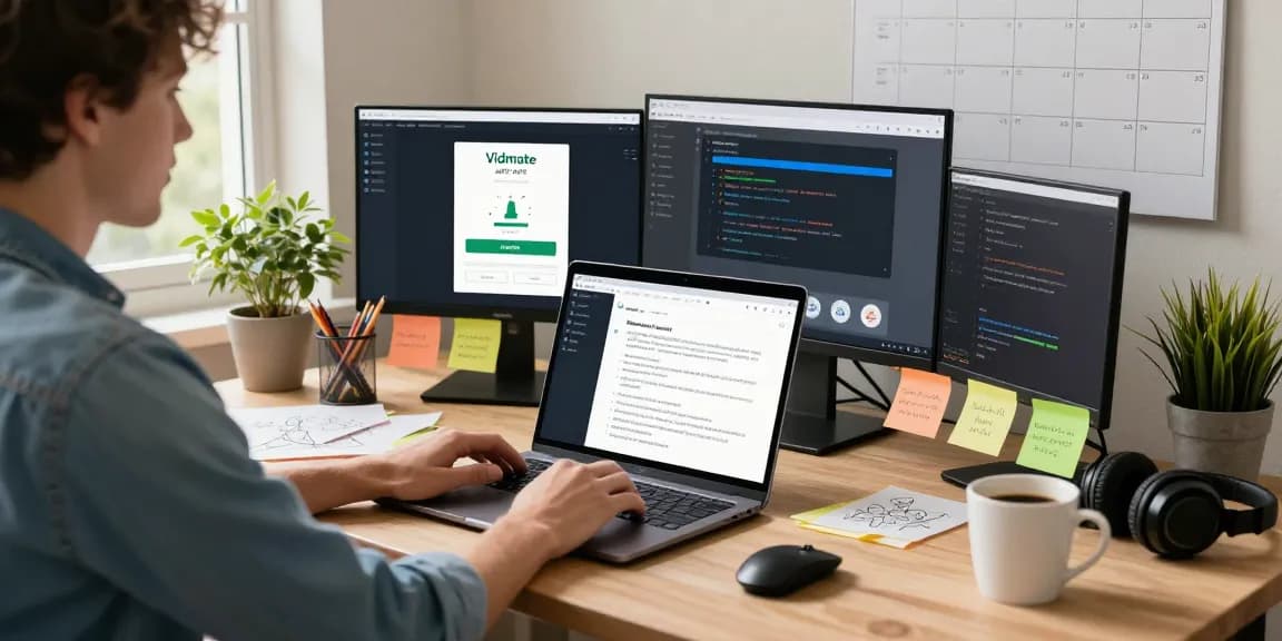 Vidmate APK download highlighted on developer's screens in a cozy workspace