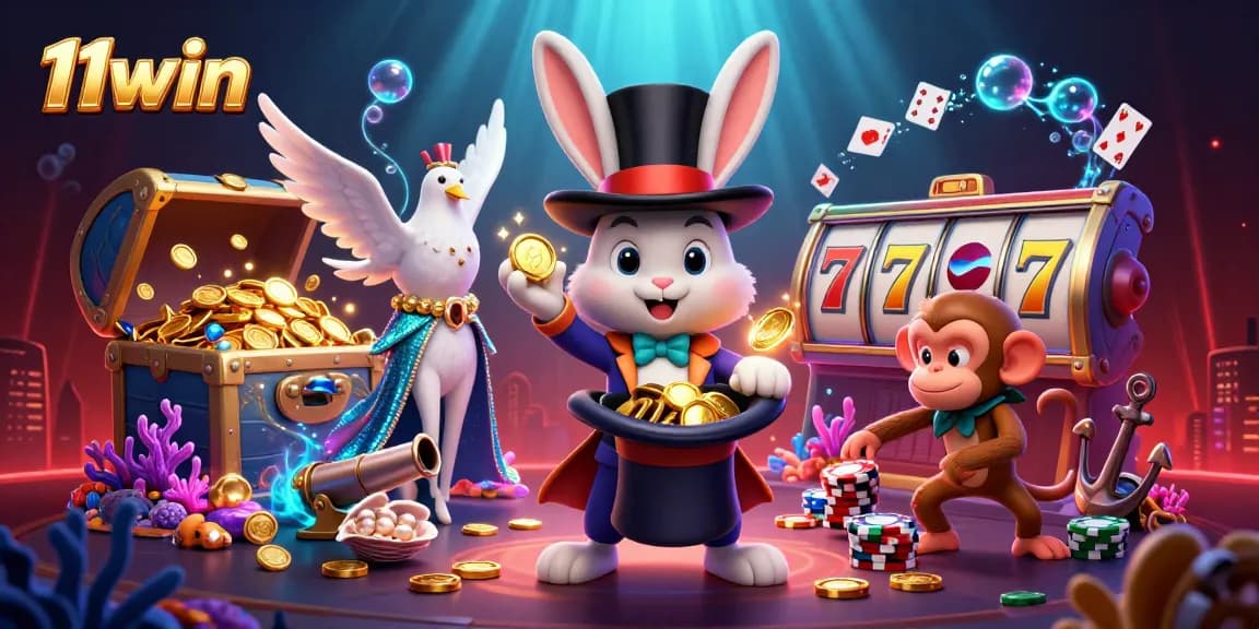 Experience the thrill of 11win with a lavish scene of characters and vibrant casino elements.