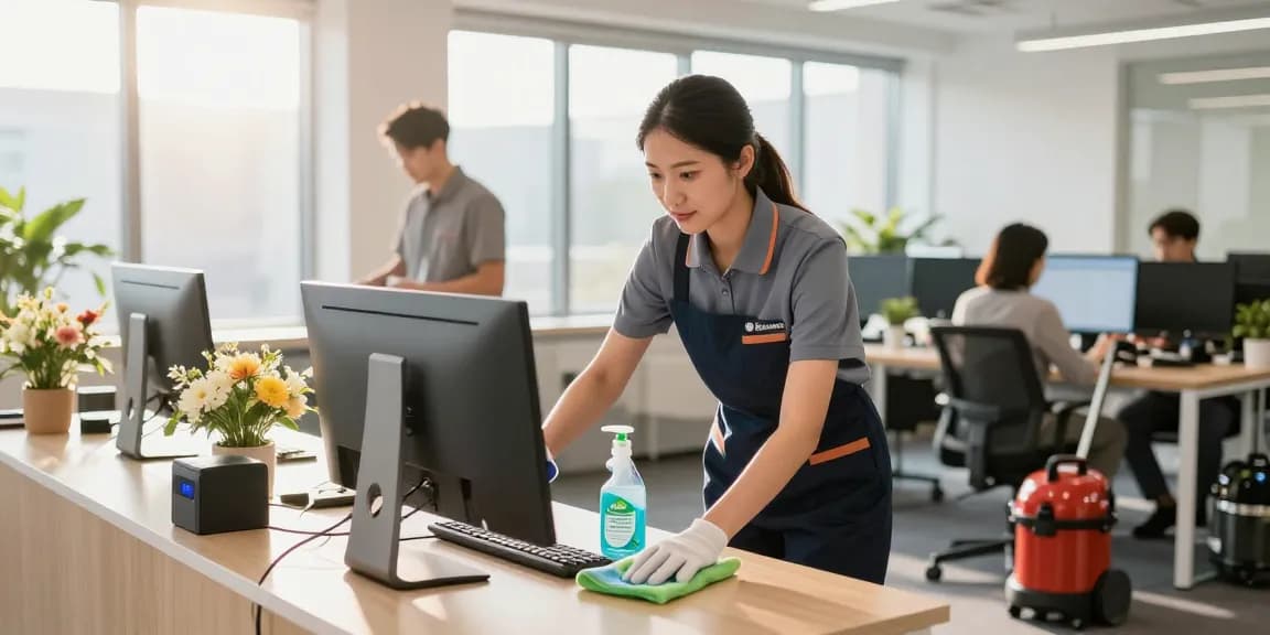 Spotless office environment showcasing reinigungen with professional cleaner providing eco-friendly cleaning services.