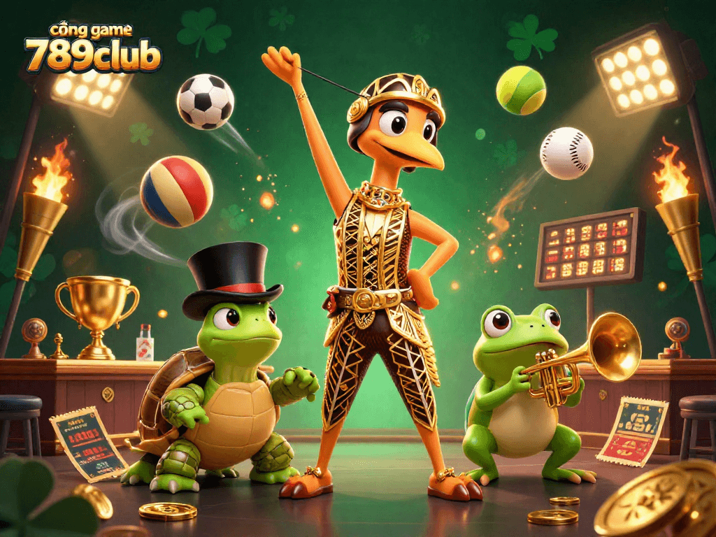 Experience the vibrant world of cổng game 789club with this colorful casino illustration featuring energetic characters.