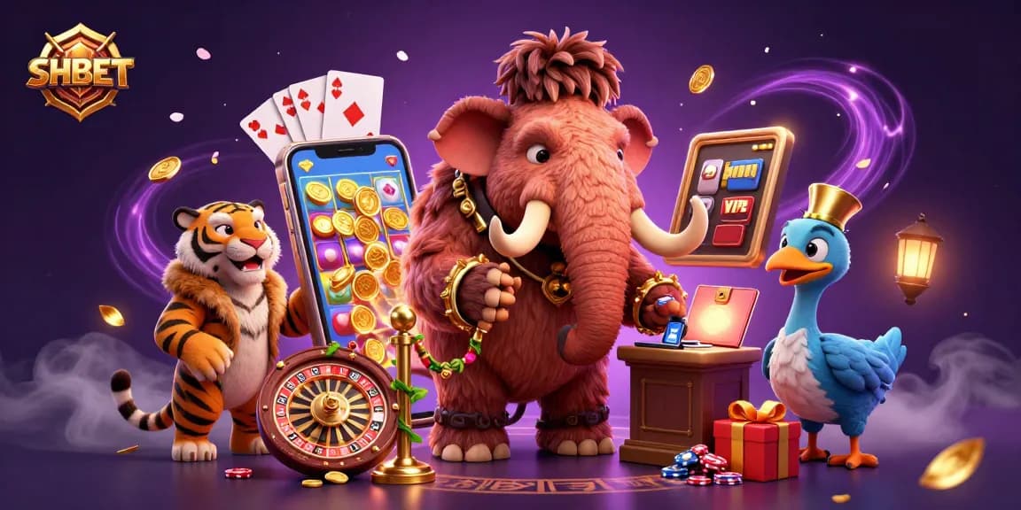 Experience thrilling gameplay at SHBET with a vibrant casino scene featuring a woolly mammoth bouncer, VIP saber-tooth tiger, and colorful slot games.