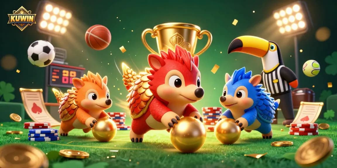 KUWIN pangolins in combat with poker chips, vibrant 3D illustration of sports gambling.