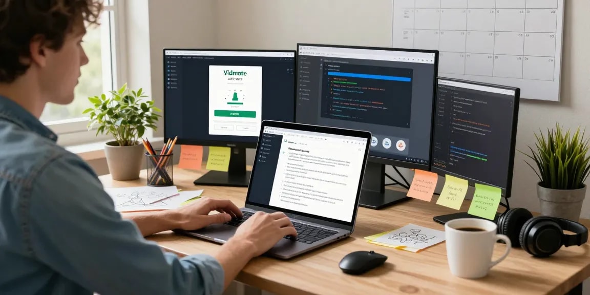 Vidmate APK download highlighted on developer's screens in a cozy workspace