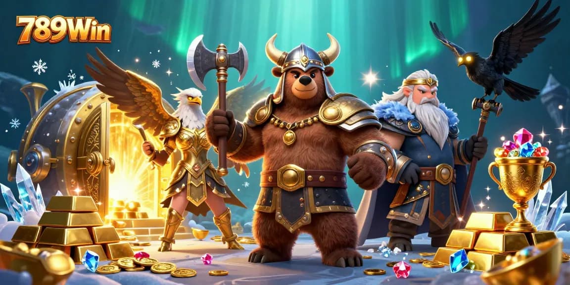 Experience the excitement of 789Win with a Viking bear and Valkyrie amidst treasures!