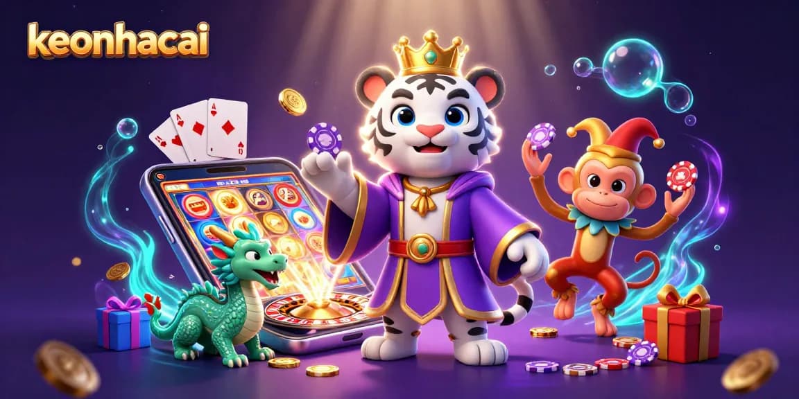 Engage with the keonhacai experience through an illustrated casino scene featuring a majestic tiger, playful monkey, and dragon.