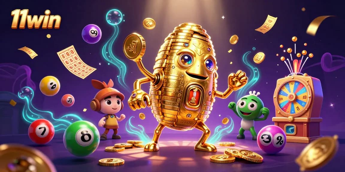 Take a gamble with 11win's vibrant 3D casino illustration showcasing a golden golem.