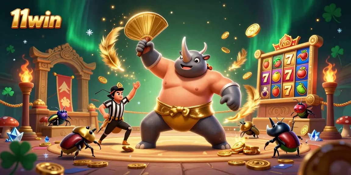 Experience the thrill of winning at 11win with an epic casino scene featuring a beetle champion.
