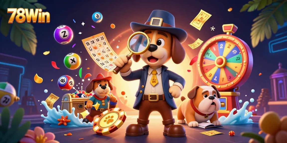 78Win captivates with a vibrant casino treasure hunt scene featuring a detective and a bulldog, shining poker chips, and colorful lottery balls.