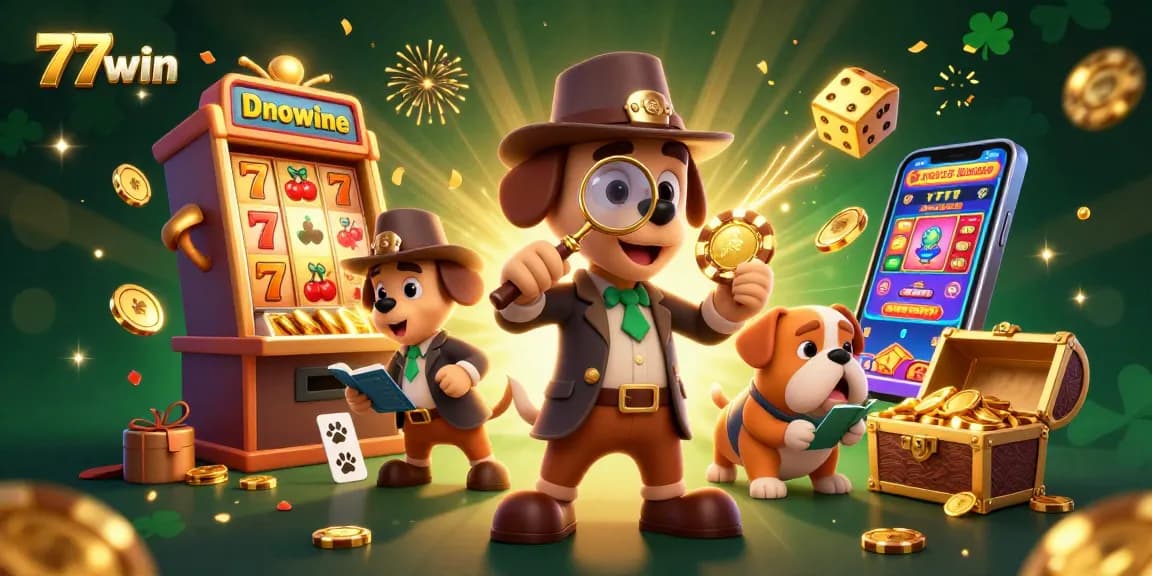 77win's thrilling casino adventure with detective and bulldog uncovering golden treasures amidst slot machines and jackpots.