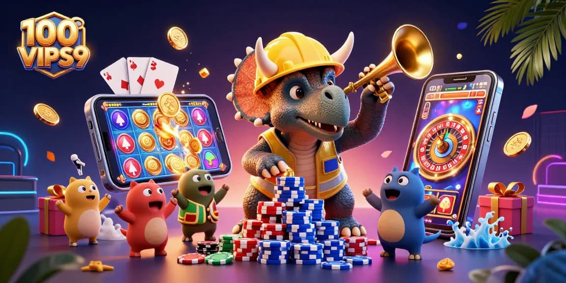 Engage with thrilling adventures at 100VIPS9 as cartoon characters celebrate casino gaming excitement.