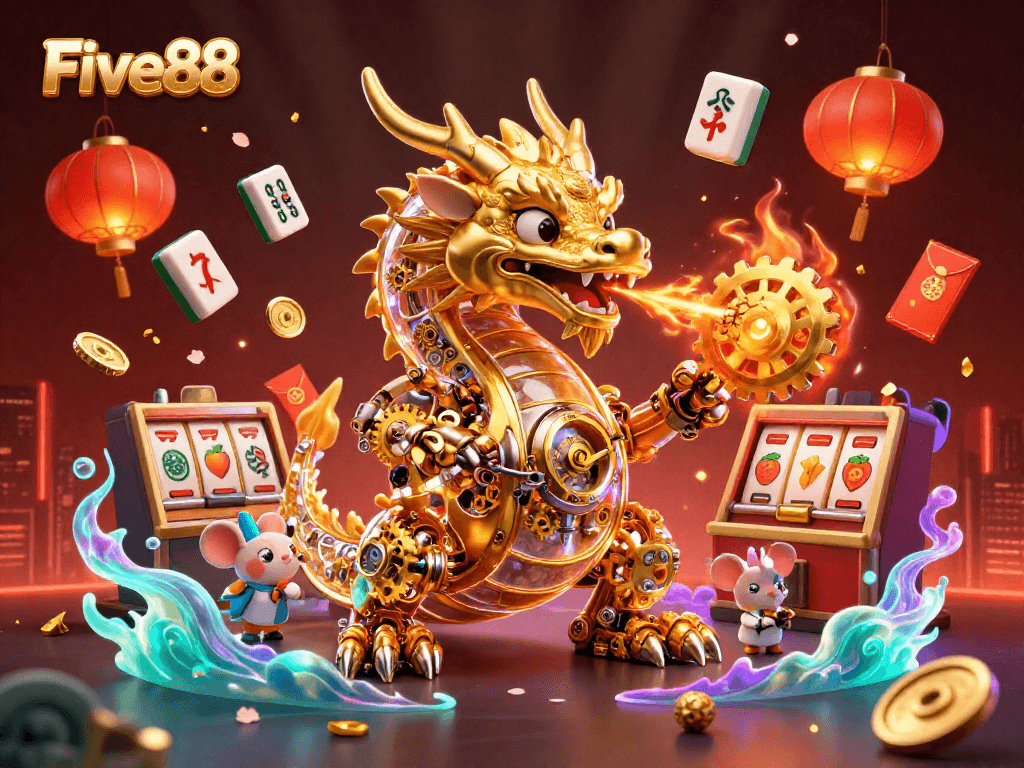 Experience thrilling gameplay with Five88 as a golden dragon unleashes golden gears amidst dynamic casino elements.