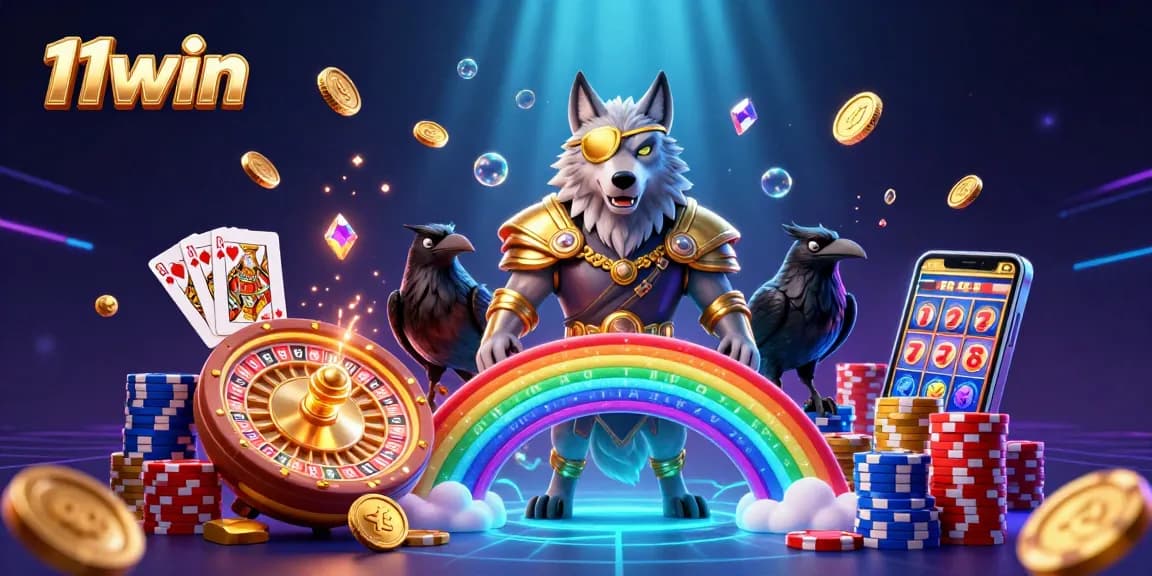 Experience the thrill of 11win's vibrant 3D casino scene with Odin and his ravens surrounded by colorful gaming elements.