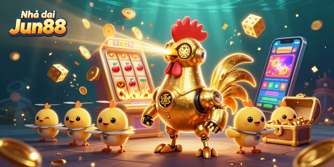 Play exciting games at Nhà cái Jun88 with dynamic gold and vibrant casino elements in a captivating 3D scene.