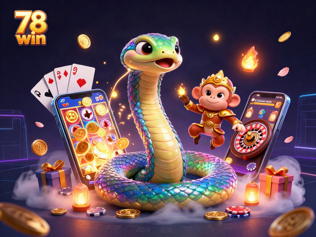 Immerse in the vibrant world of 78 win with a serpentine casino scene featuring games and magic.