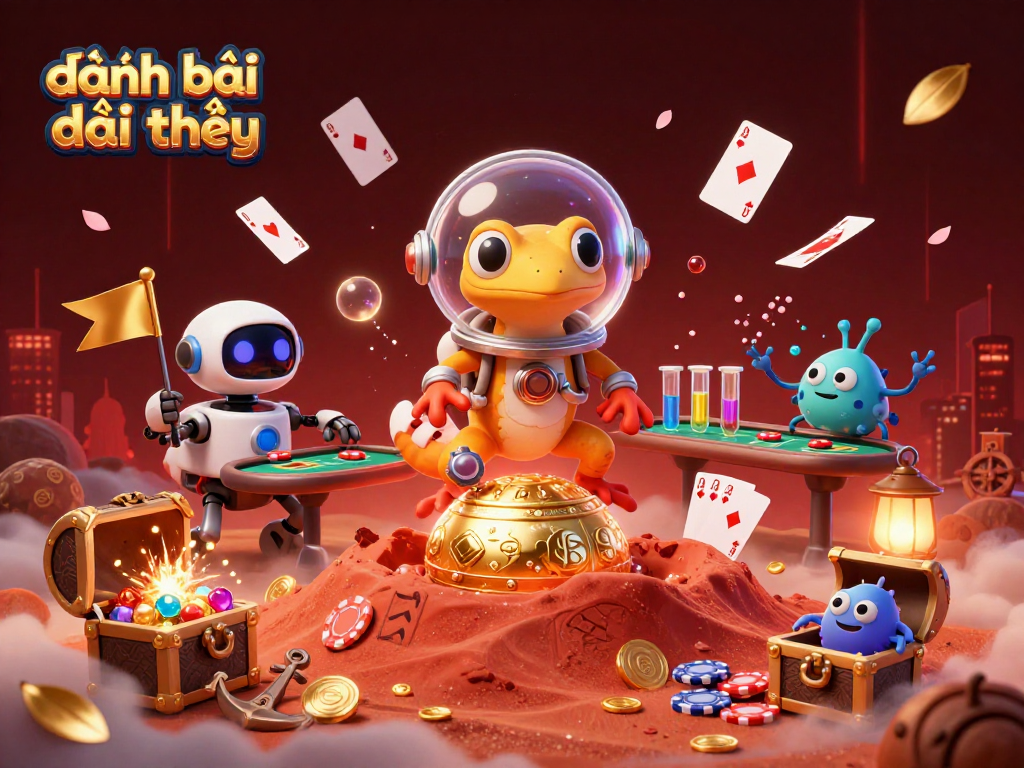 Experience thrilling đánh bài đổi thưởng in a vibrant, cartoon Martian casino adventure scene with lively characters.