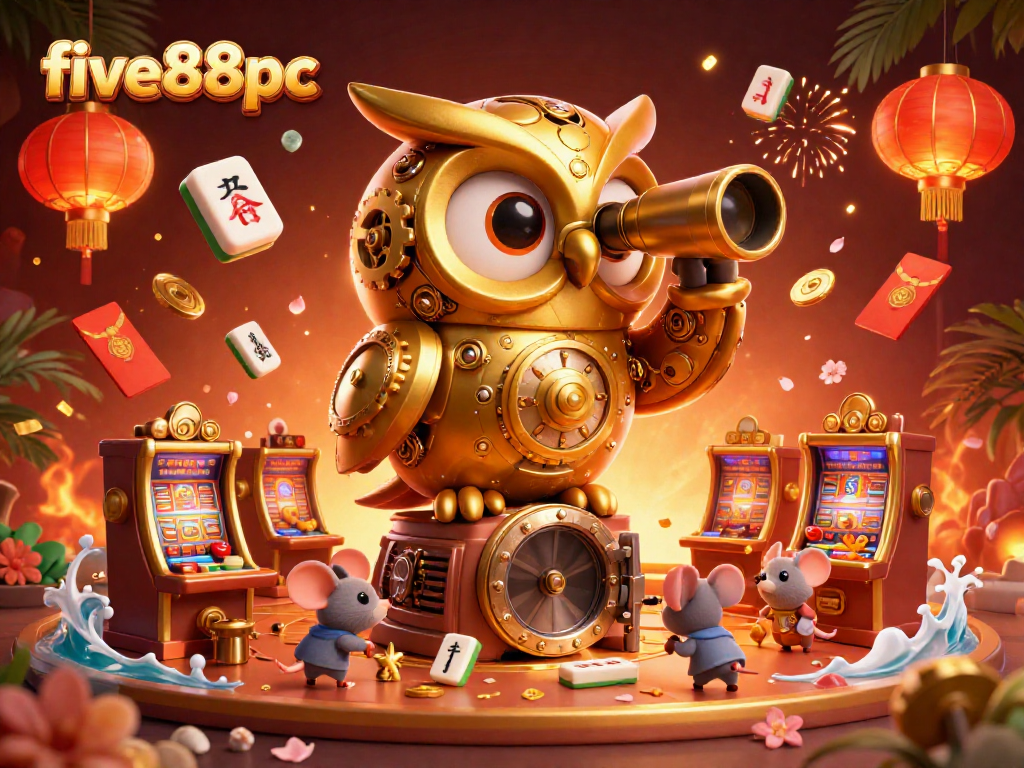 Experience the vibrant casino atmosphere with five88pc as a clockwork owl watches over lucky patrons.