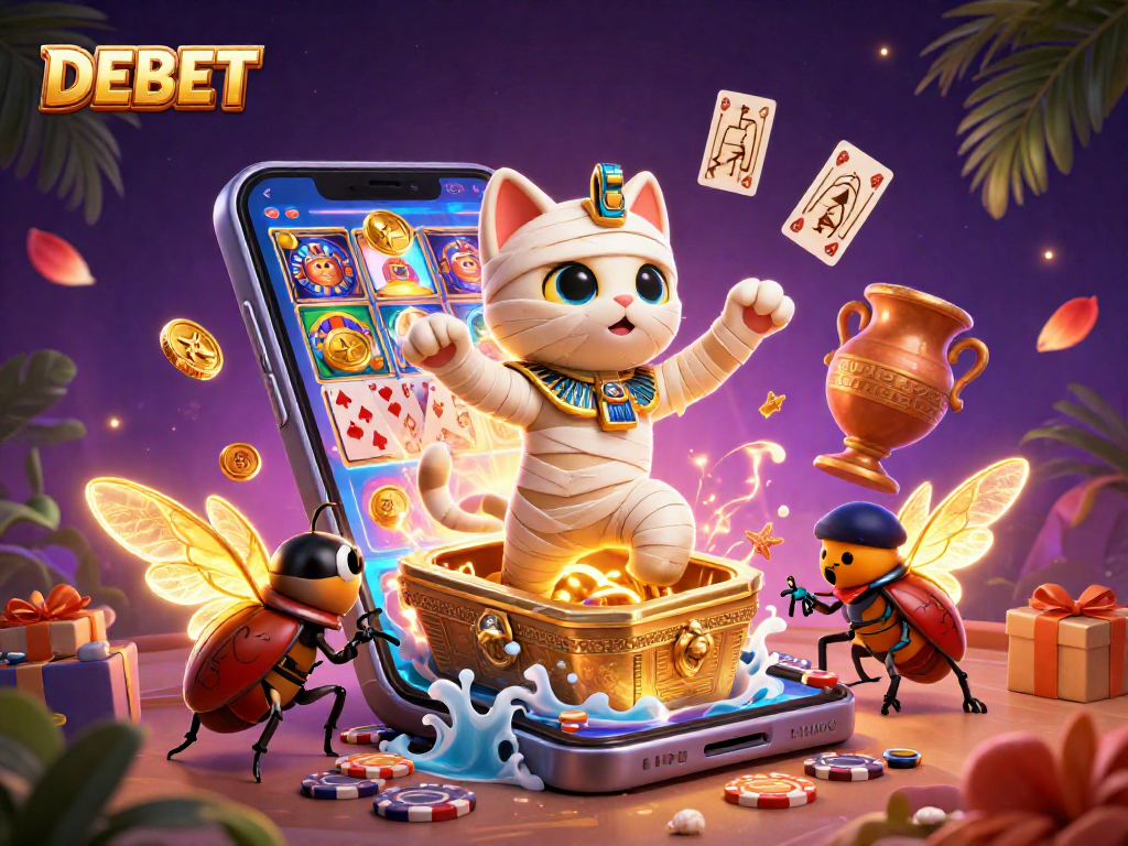 Engage in DEBET's thrilling galaxy of games with a vibrant 3D illustration featuring a lively mummy cat