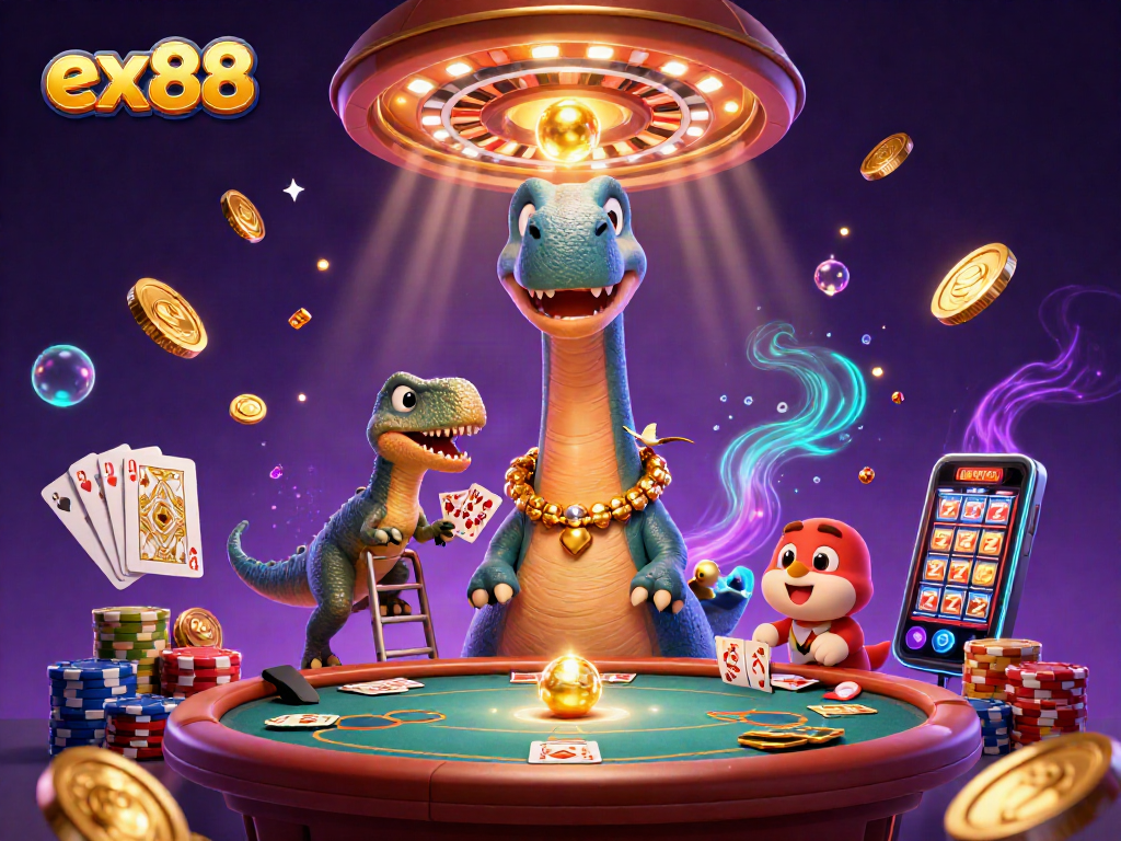 Experience ex88 excitement with a vibrant casino scene featuring charming dinosaur dealers.