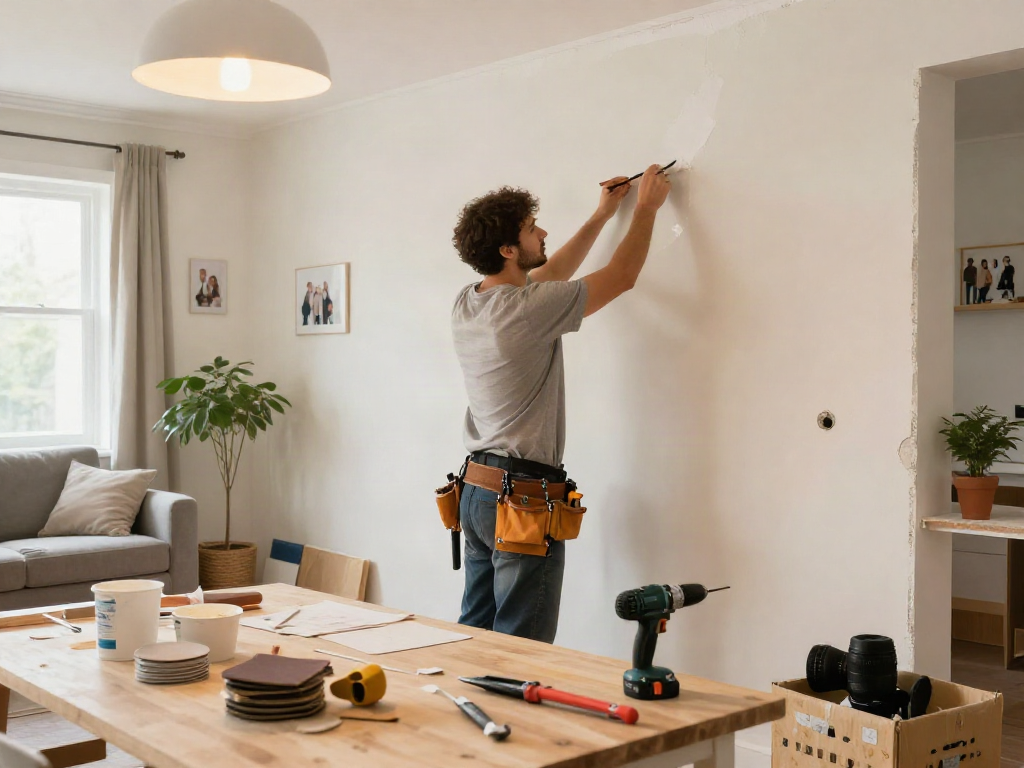 Home repair services Des Moines Iowa, handyman fixing drywall in a modern living room with tools and materials.