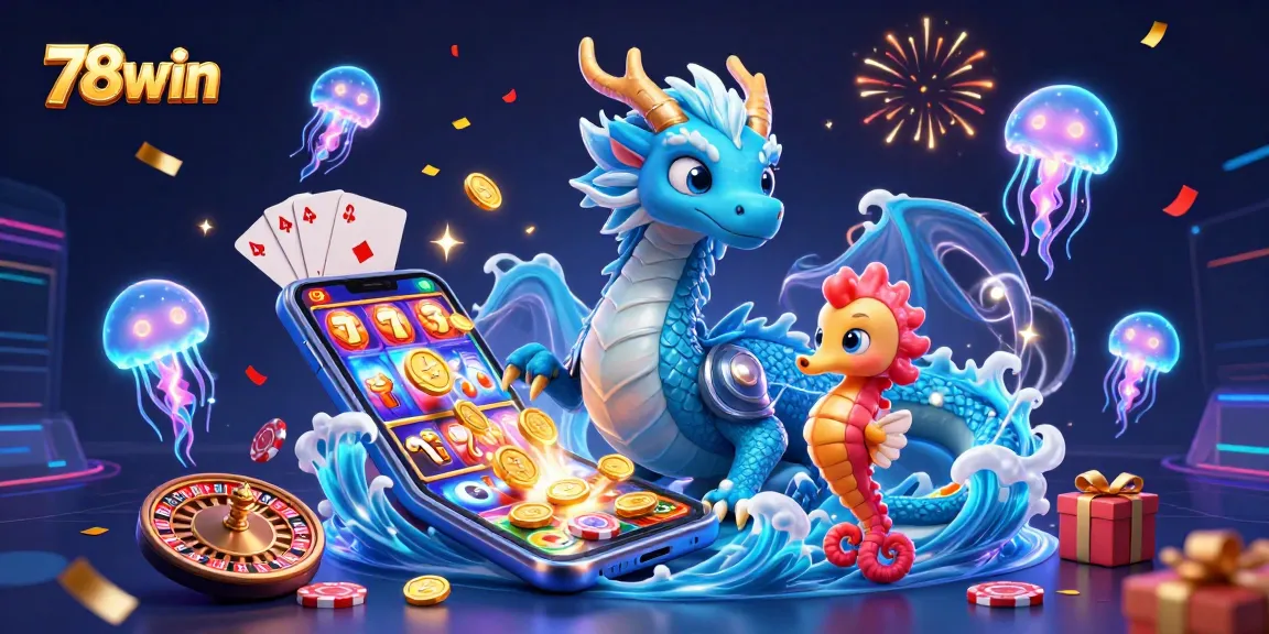 Experience the excitement of 78win with an azure water dragon and casino elements in vibrant 3D.