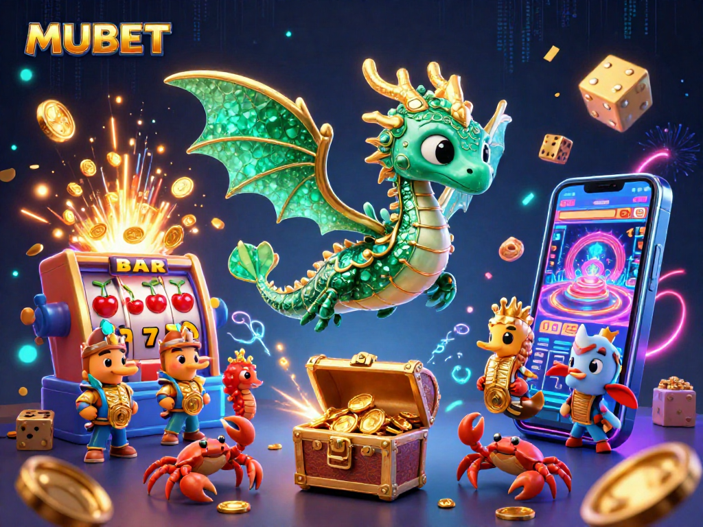 MUBET features a vibrant 3D sea dragon surrounded by thrilling casino elements like a jackpot slot machine and golden dice.
