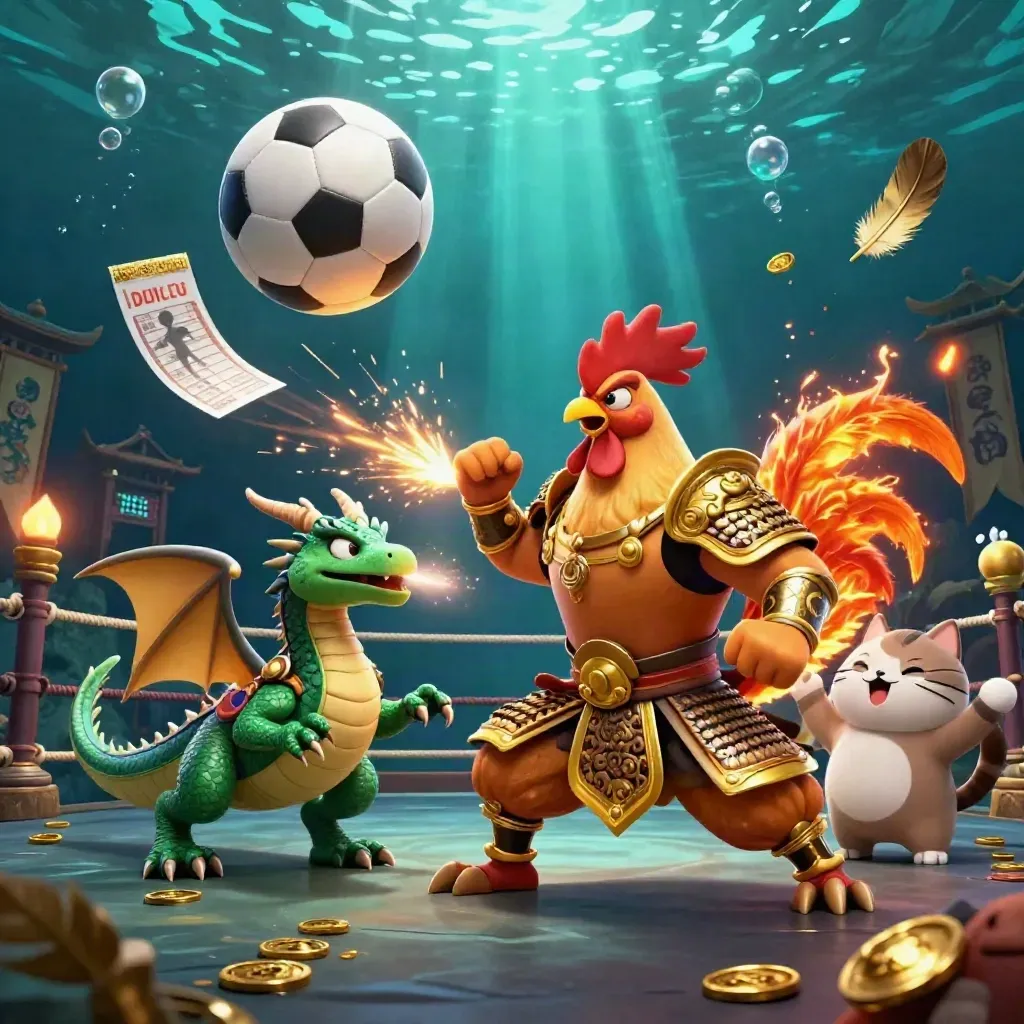 Rooster samurai, spark-breathing dragon hatchling, and fortune-cat with sports balls in glowing underwater casino light