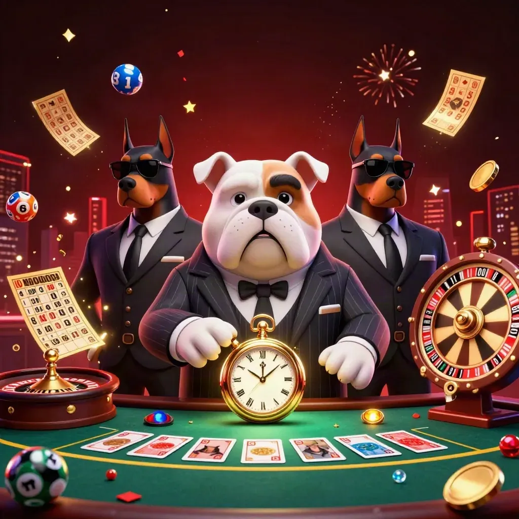 Bulldog boss and Doberman guards amid casino prizes, lights, confetti and city glow.