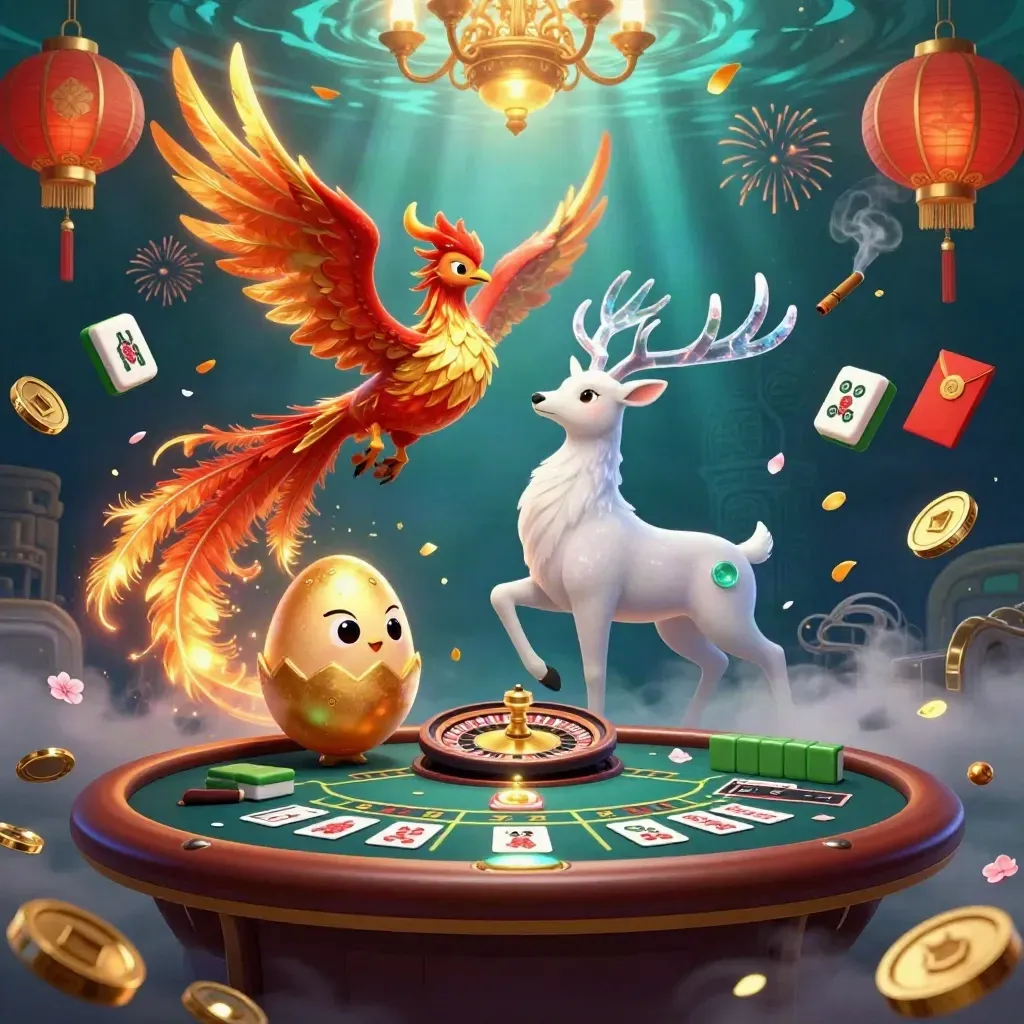 Phoenixes and a crystal-antlered stag in a luxe teal-gold casino fantasy scene.
