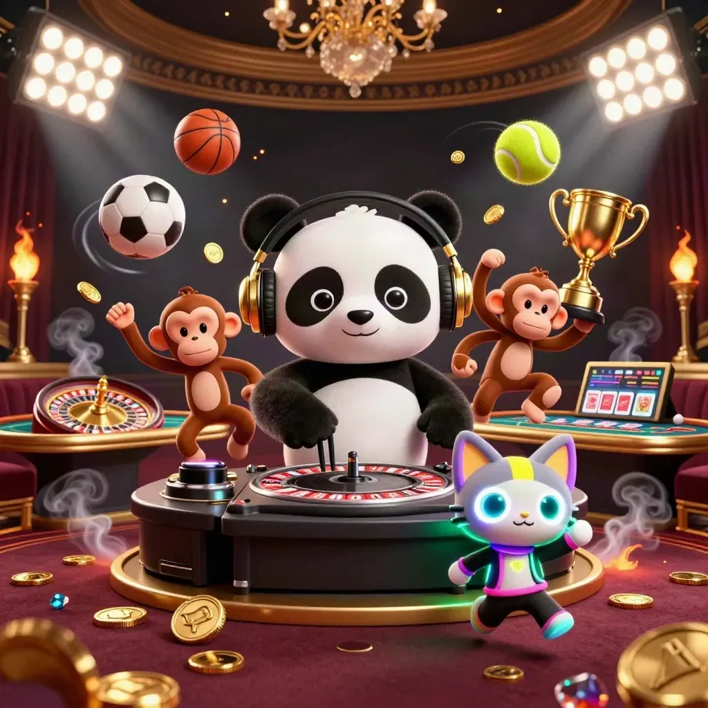 DJ panda, breakdancing monkey, and glow-stick kitten in a luxe casino lounge with gold light.