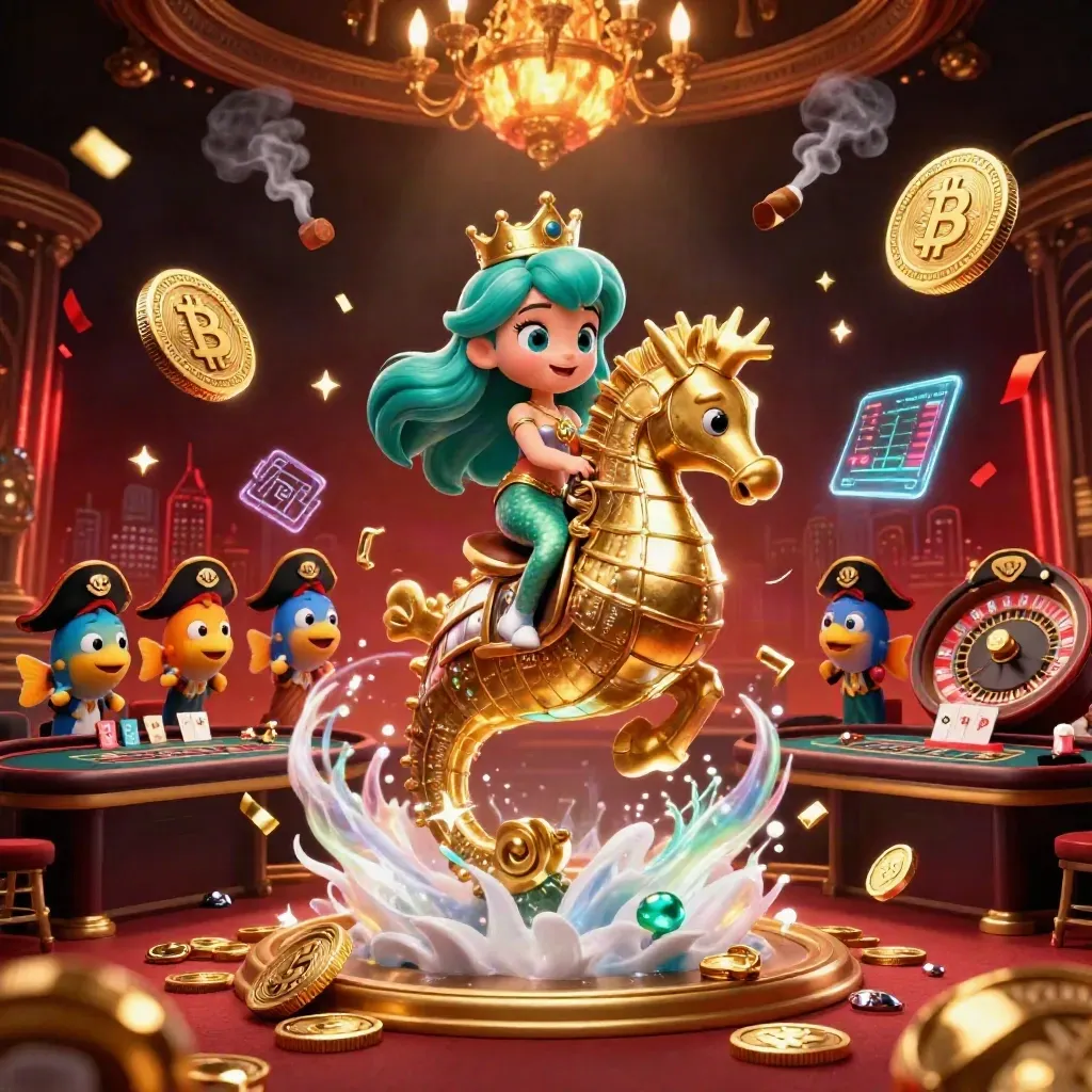 Mermaid princess on golden seahorse amid casino fantasy lights, coins, cards, and sparkles