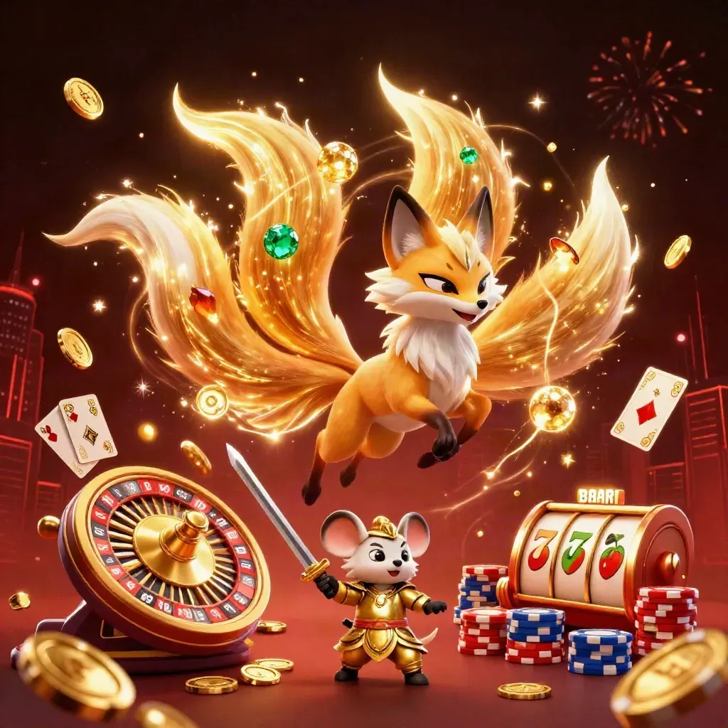 Nine-tailed fox spirit with a samurai mouse, surrounded by casino coins, gems, and neon energy