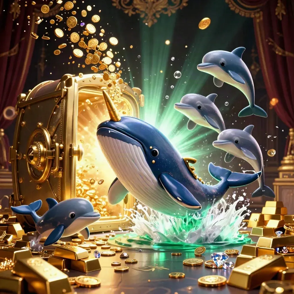 Whale captain, narwhal, and dolphins burst from coins around a glowing treasure vault.