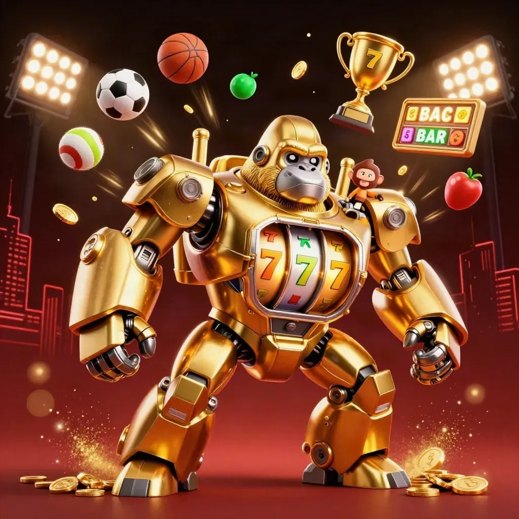 Golden gorilla mech with tiny monkey pilot blasts sports balls, coins, and neon casino effects.