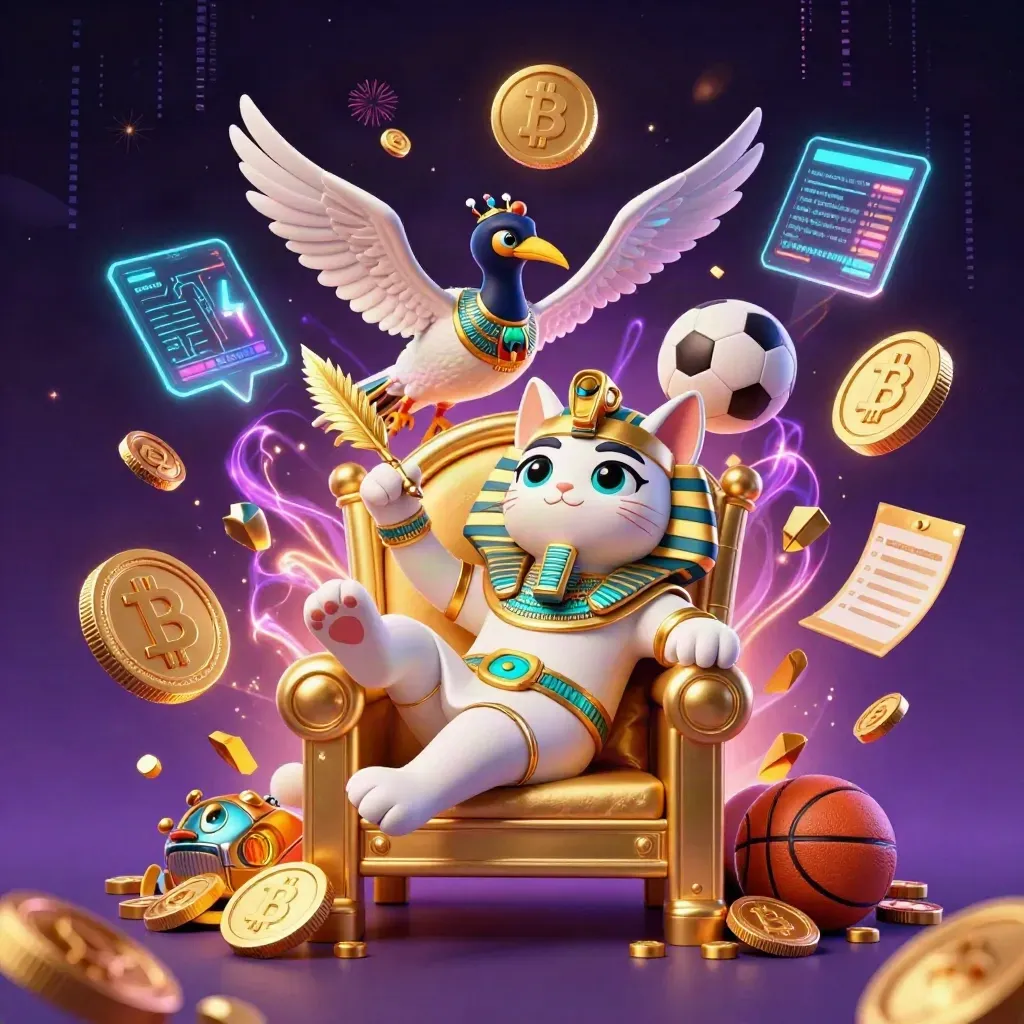 Pharaoh cat on gold throne with ibis scribe, scarabs, coins, bolts, sports icons, and cosmic casino glow.