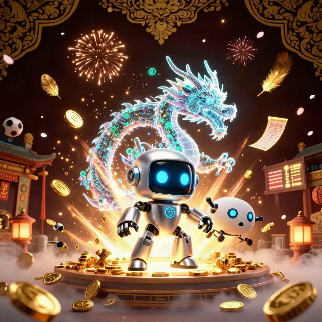 Cyberpunk robot, AI dragon, and coin drone amid gold coins, temple gate, and fireworks
