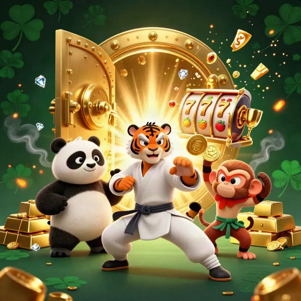 Tiger master, panda disciple, and monkey student amid a glowing gold vault and casino treasure.