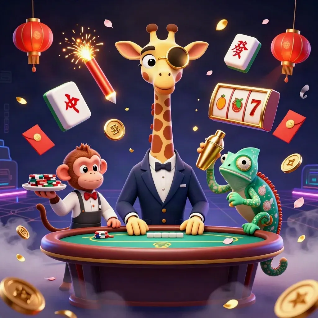Giraffe, monkey, and chameleon casino heroes amid gold tiles, lanterns, coins, and neon effects.